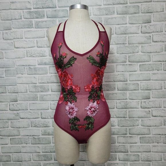 Cotton Candy Couture Maroon Mesh Floral Embroidered Bodysuit‎ Lingerie - Picture 1 of 6
